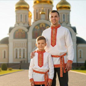 Рубаха Обряд, белый лен с красным- фото 1